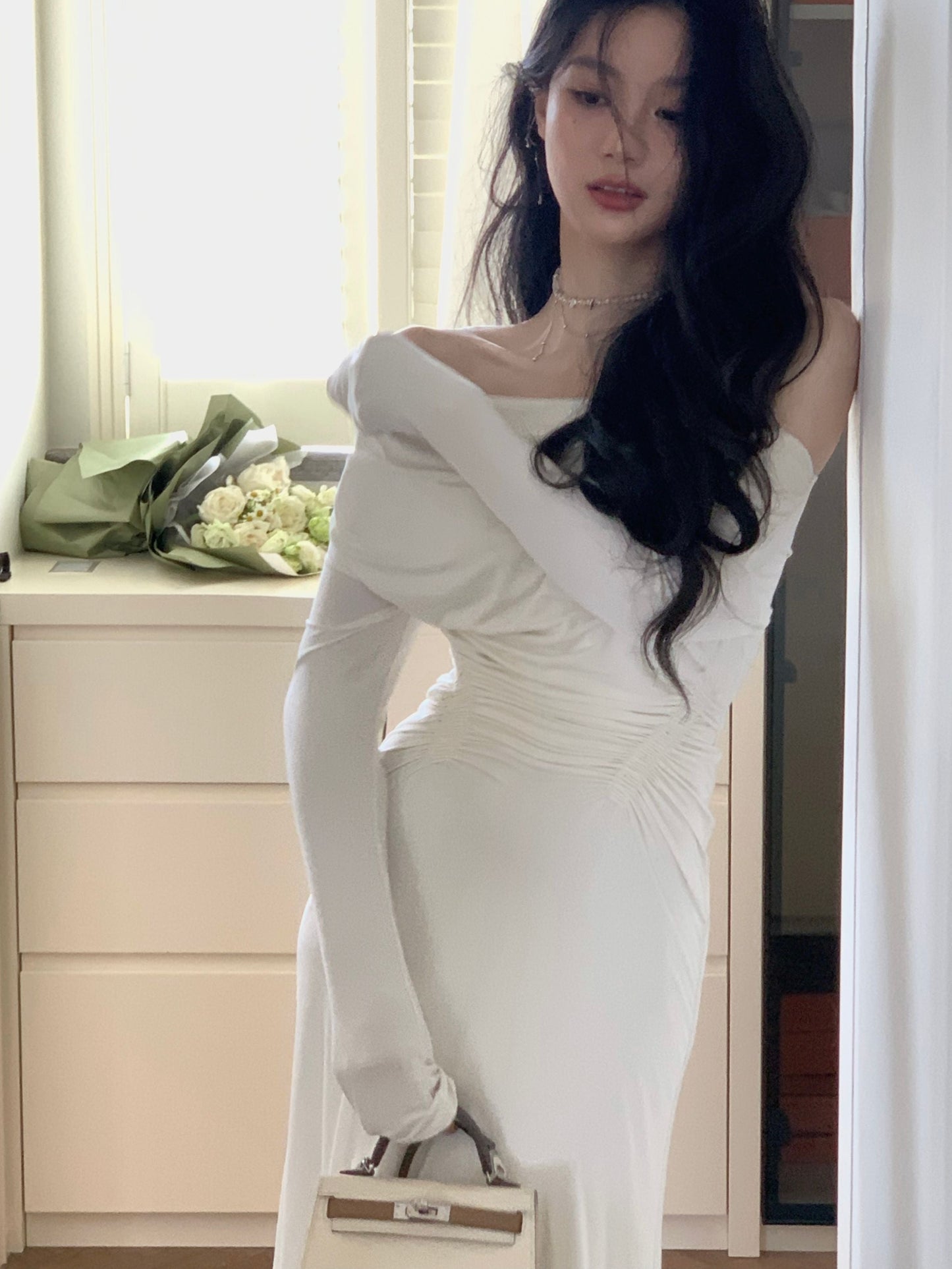 Summer Spring New Elegant Long Sleeve Off Shoulder Dress