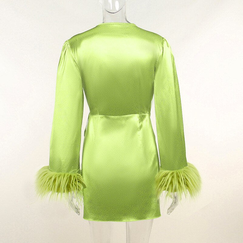 Spring Dress V-neck Feather Long Sleeve Print Mini Party Dress