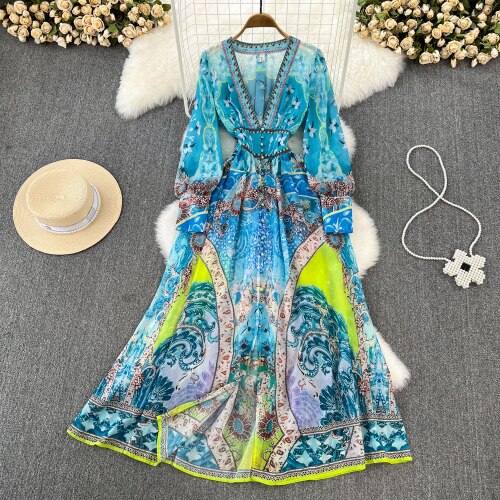 Spring Autumn Elegant Blue Maxi Dress