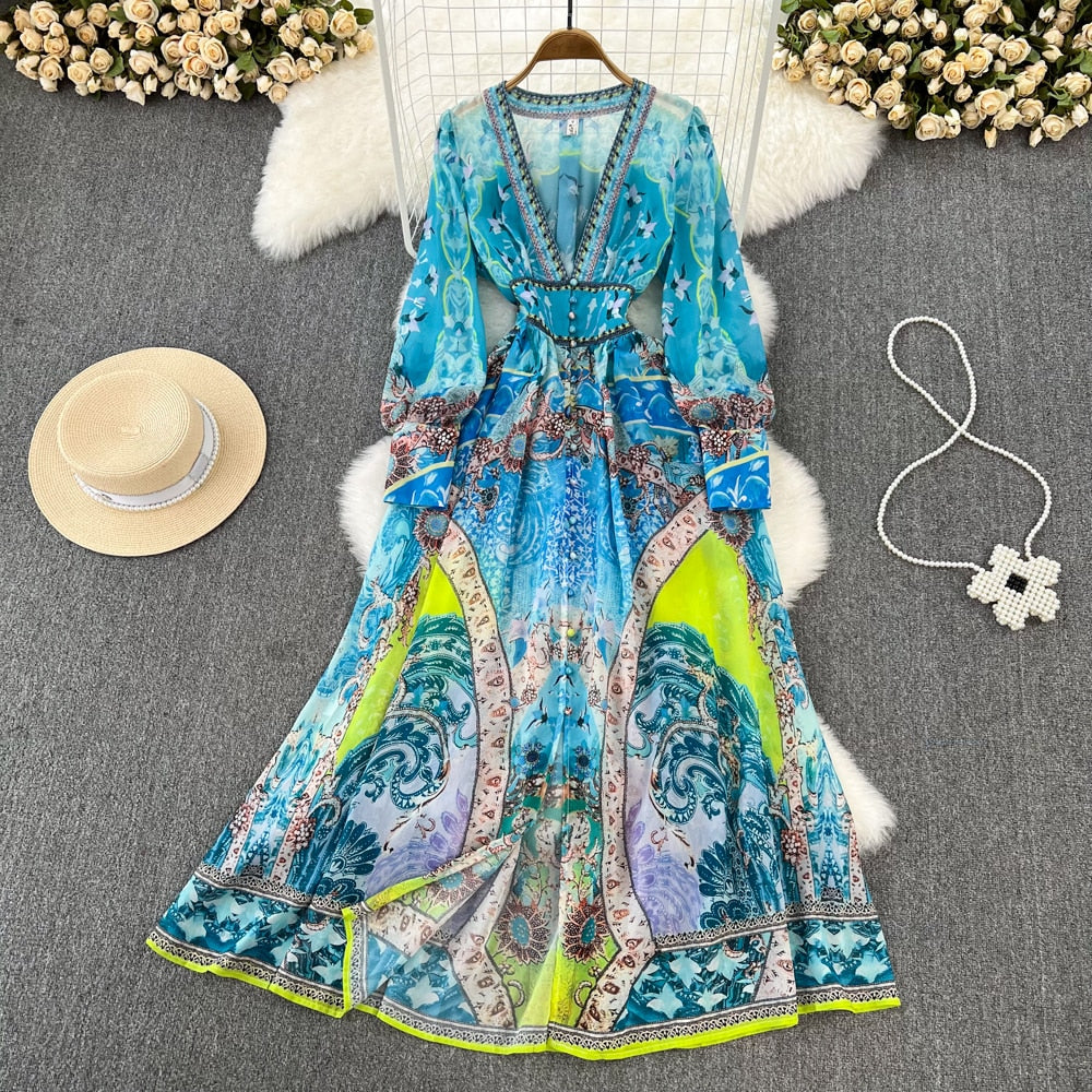 Spring Autumn Elegant Blue Maxi Dress