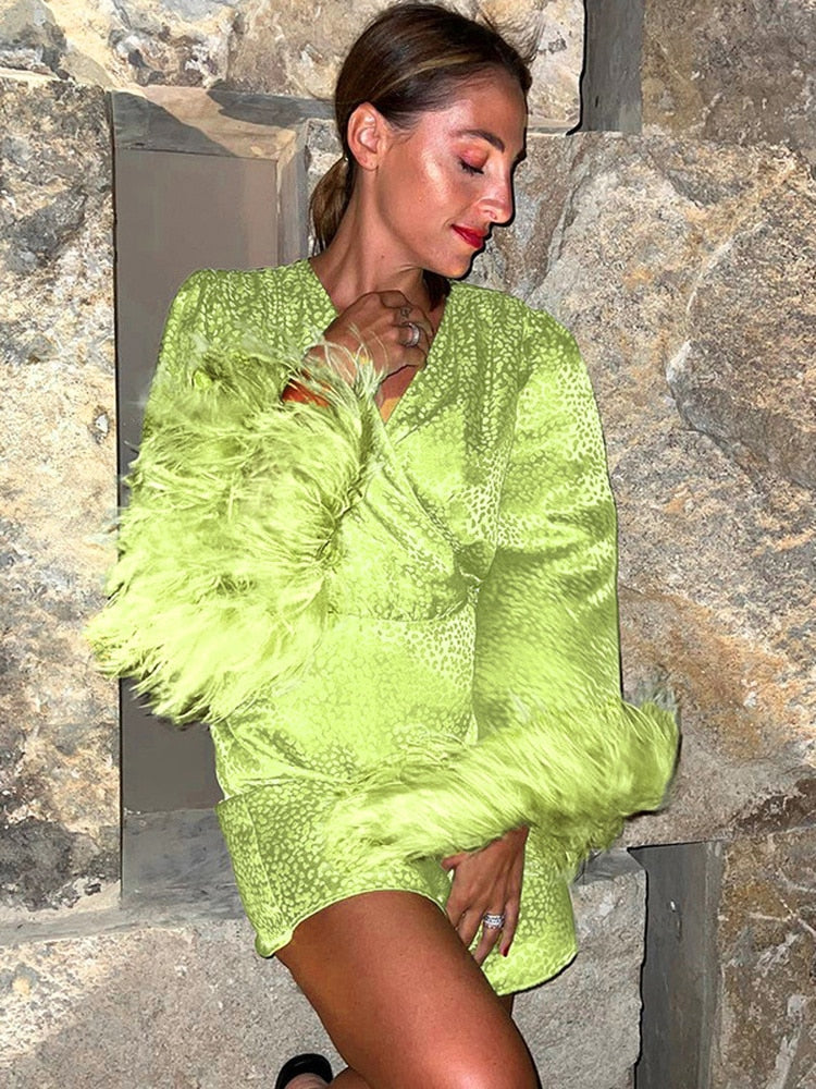 Spring Dress V-neck Feather Long Sleeve Print Mini Party Dress