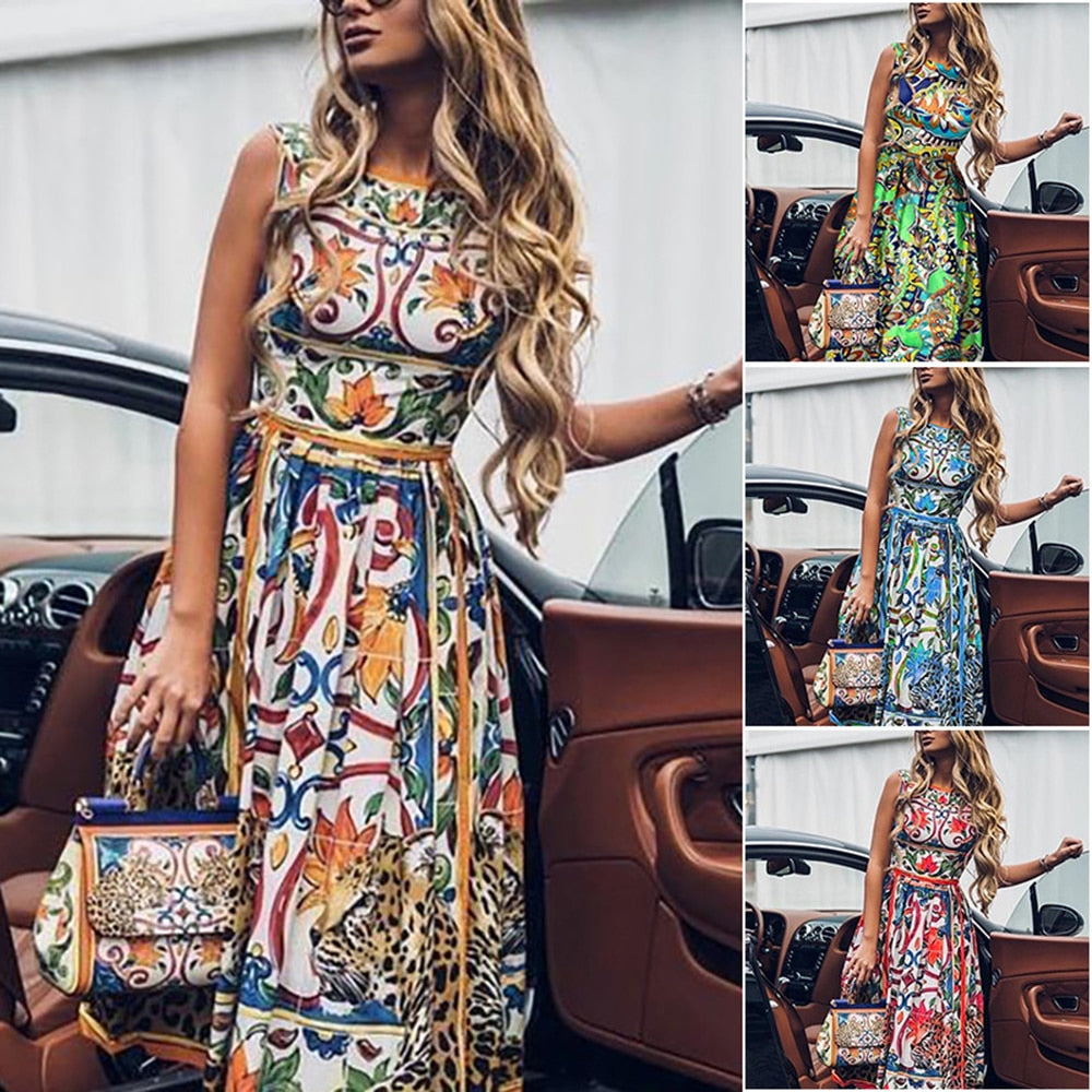 Summer Women Sundress Bohemian Floral Print Mixi Dress