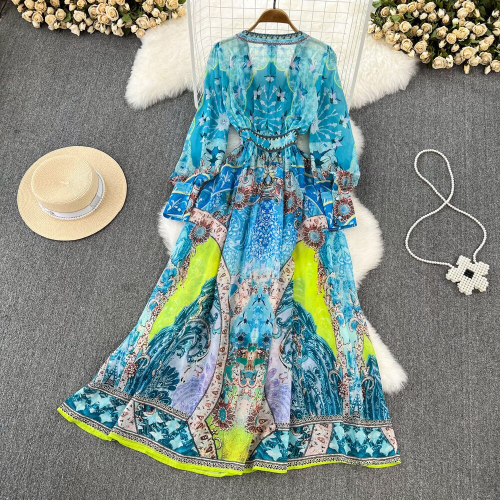 Spring Autumn Elegant Blue Maxi Dress