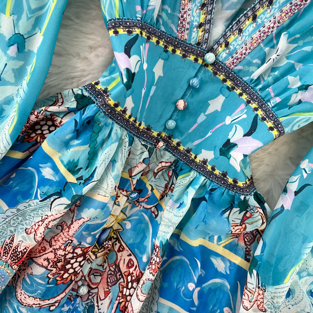 Spring Autumn Elegant Blue Maxi Dress