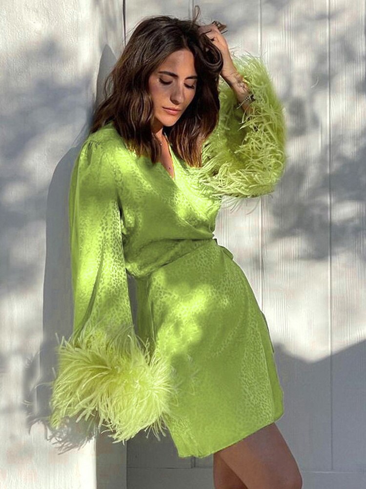 Spring Dress V-neck Feather Long Sleeve Print Mini Party Dress