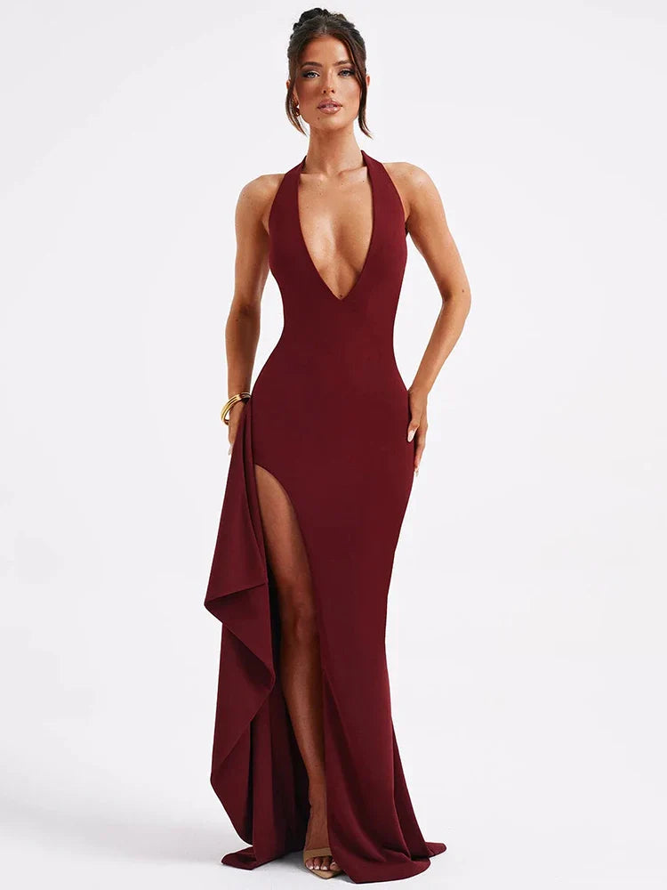 Deep V-neck thigh-high slit maxi dress