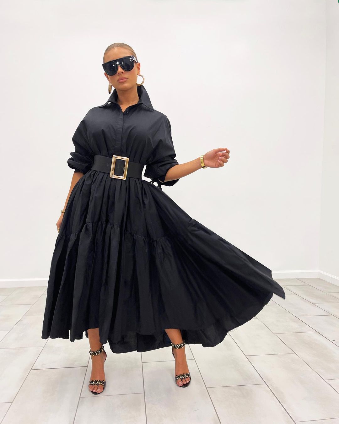 Spring Turn Down Collar Long Shirt Maxi Dress