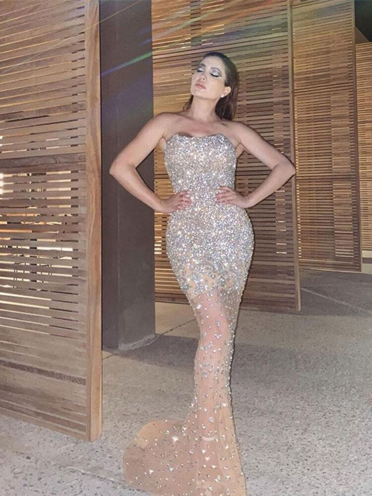 Sexy Sequin Rhinestone Mesh Bodycon Fishtail Dress