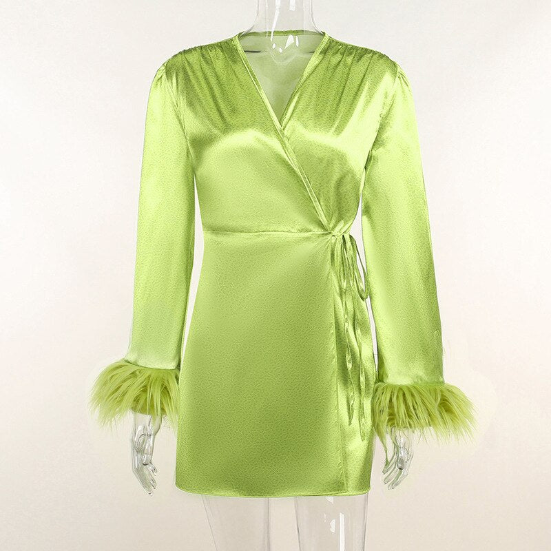 Spring Dress V-neck Feather Long Sleeve Print Mini Party Dress