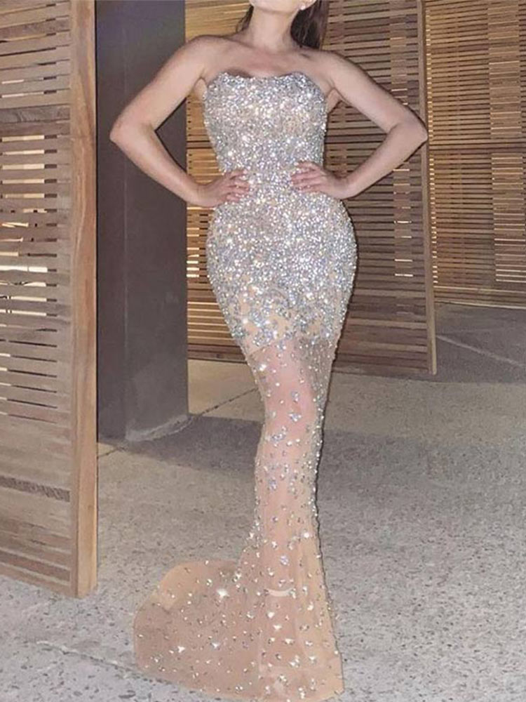 Sexy Sequin Rhinestone Mesh Bodycon Fishtail Dress