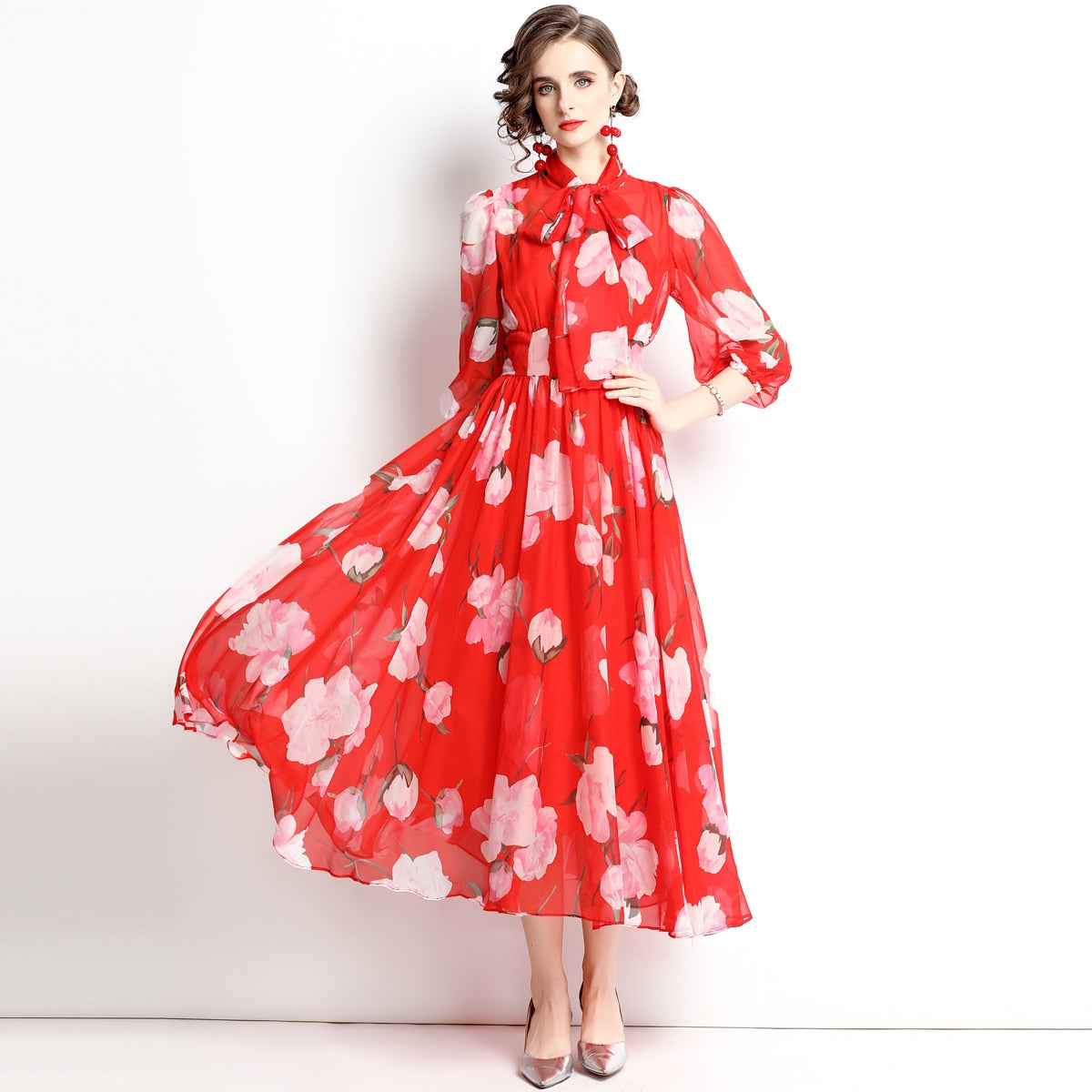 Spring Summer Holiday Rose Flower Dress Women Bow Collar Zipper Chiffon Floral Print Long Pleated Vacation Beach Vestidos