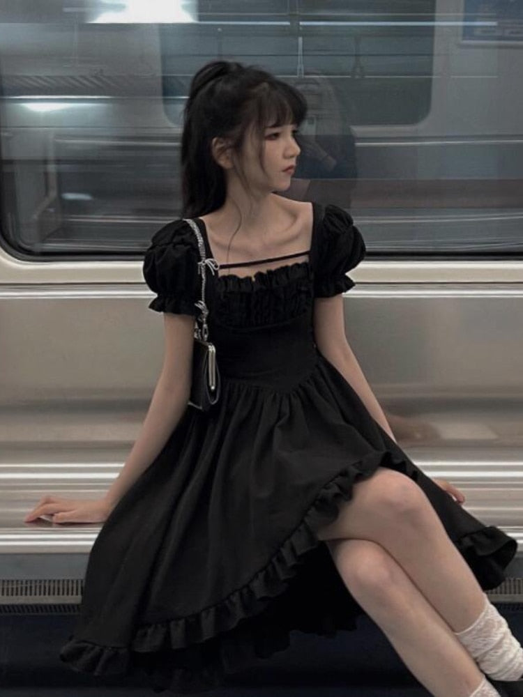 Female Designer Chic Square Collar Puff Sleeve Fashion Dress