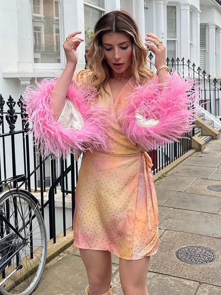 Spring Dress V-neck Feather Long Sleeve Print Mini Party Dress