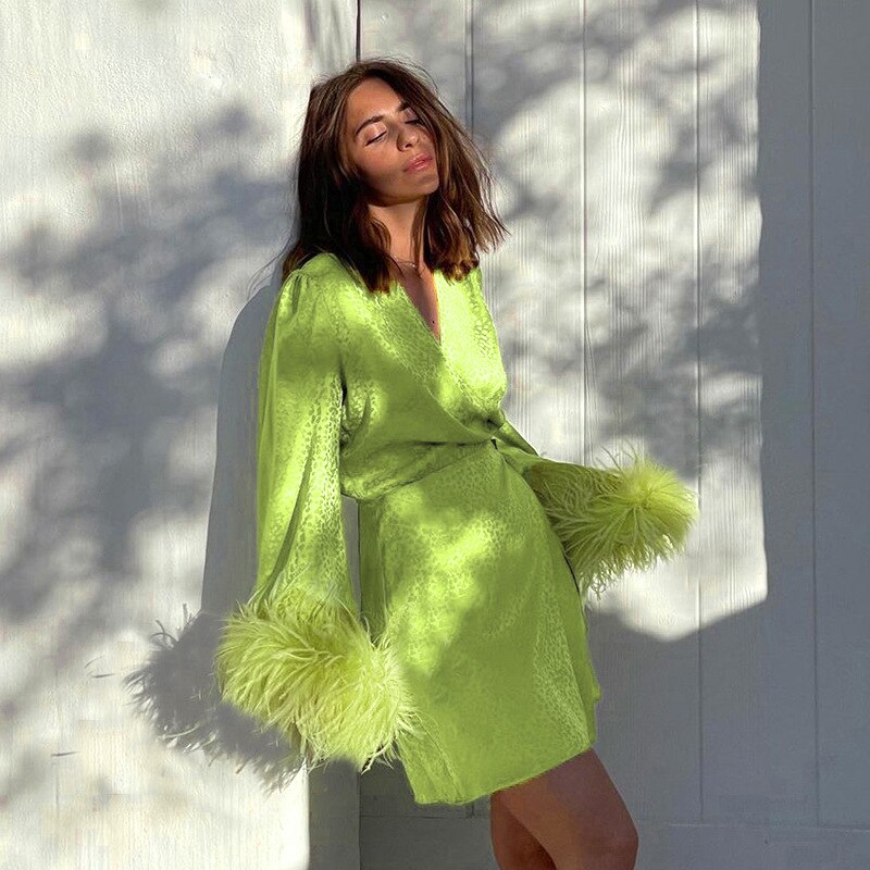 Spring Dress V-neck Feather Long Sleeve Print Mini Party Dress