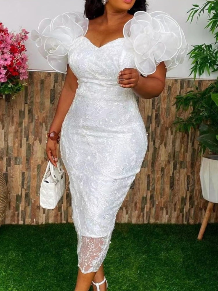 Bodycon off-the-shoulder patchwork ruffle-sleeve dress