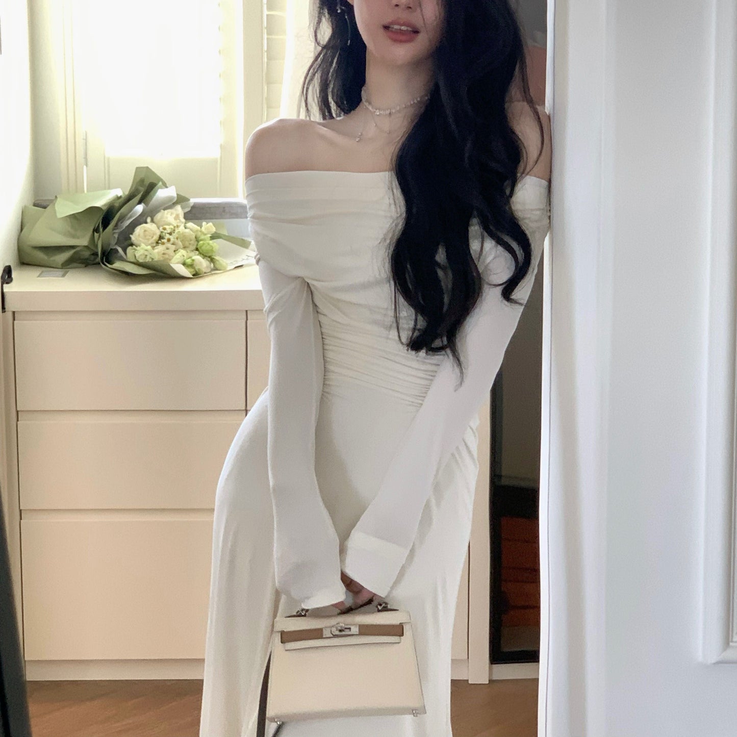 Summer Spring New Elegant Long Sleeve Off Shoulder Dress