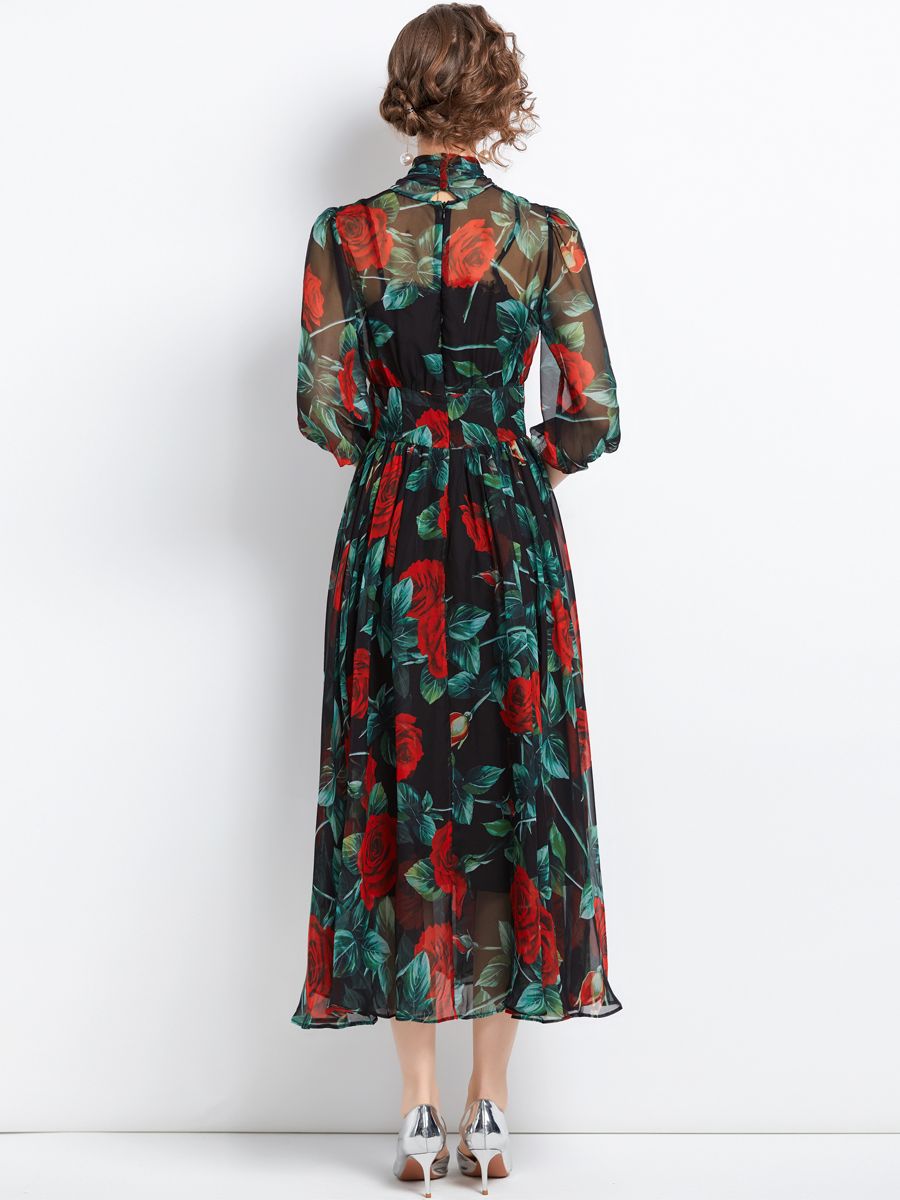 Spring Summer Holiday Rose Flower Dress Women Bow Collar Zipper Chiffon Floral Print Long Pleated Vacation Beach Vestidos