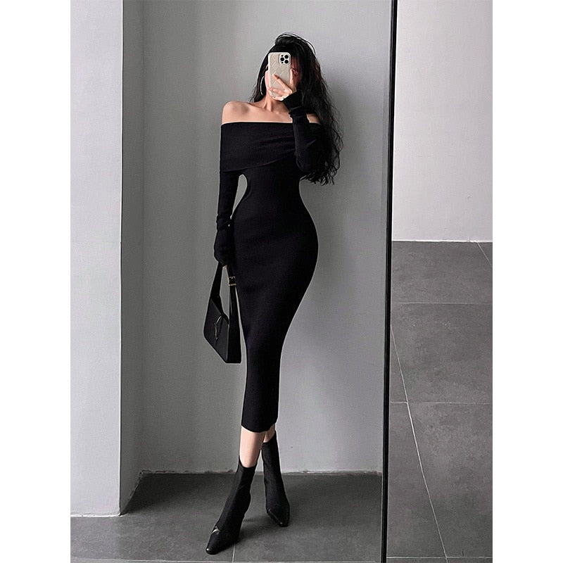 Slash Neck Tight Long Skinny Hip Long Sleeve Maxi Long Sweater Dress