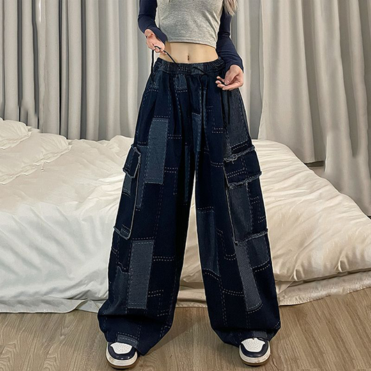 Vintage Blue Checkered Baggy Cargo Jeans
