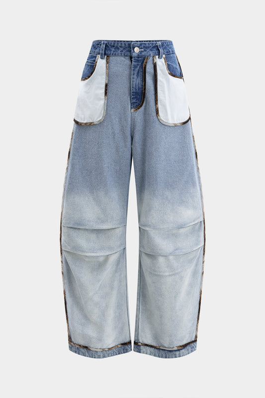 Denim Ruched Pocket Wide Leg Barrel Jeans