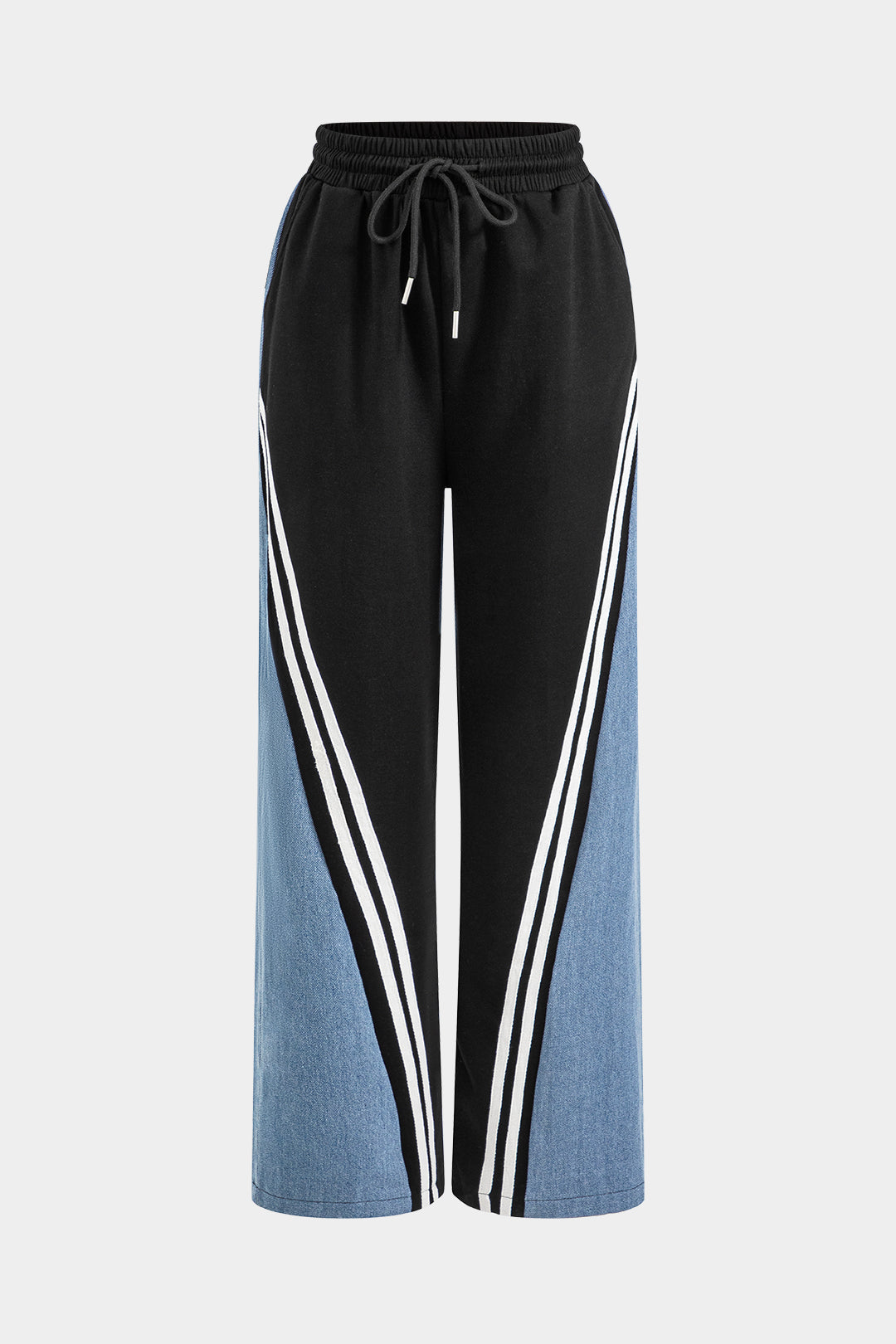 Denim Patchwork Round Neck Long-Sleeve Top And Drawstrings Pocket Trousers Set