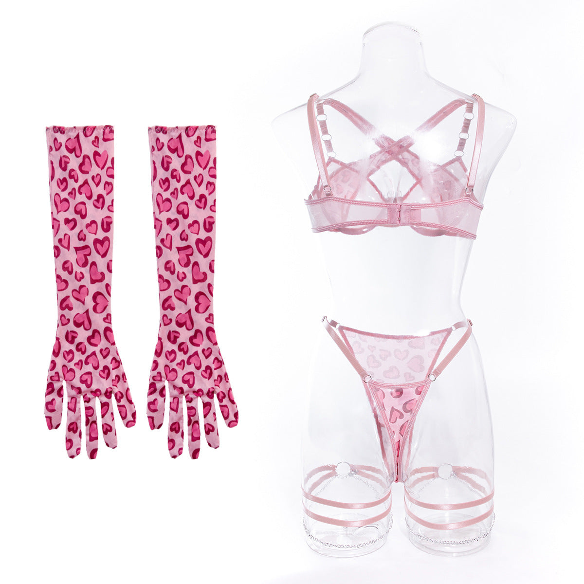 Playful Heart-Print Mesh Lingerie Set - StylinArts