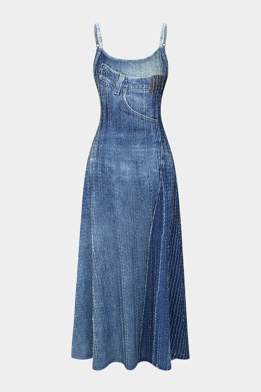 Denim Print Slip Sleeveless Maxi Dress