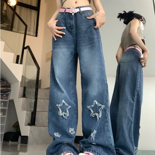 Vintage Distressed Star Patch Boyfriend Jeans