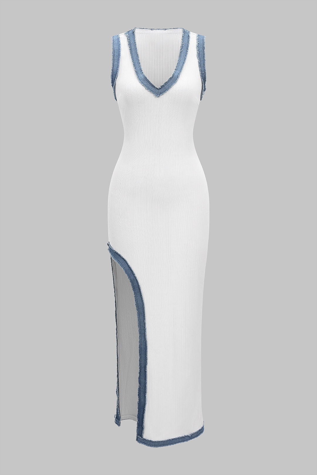 Denim Patchwork Asymmetrical Slip Sleeveless Maxi Dress