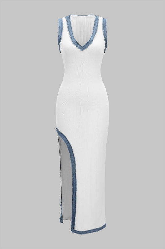 Denim Patchwork Asymmetrical Slip Sleeveless Maxi Dress