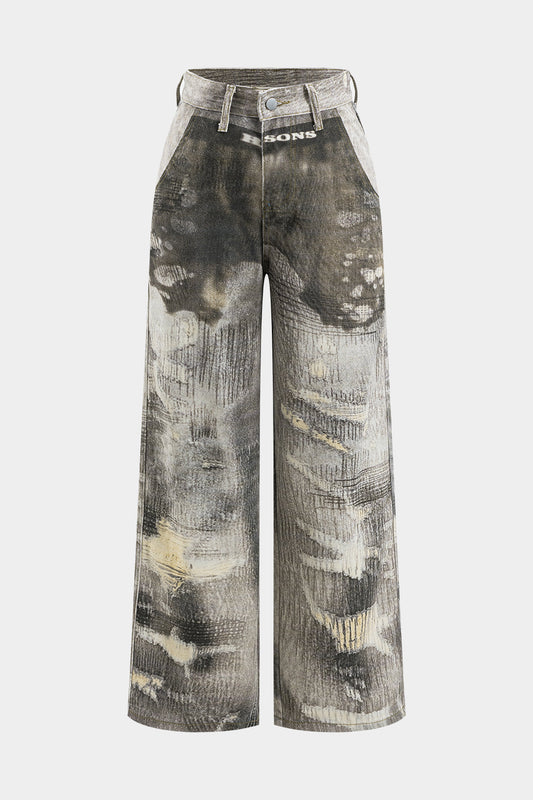 Denim Retro Abstract Print Wide Leg Jeans