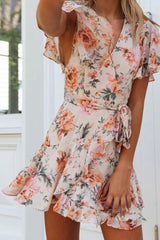 Swingy  Ruffle Sleeve  Floral Printed  Beach  Mini  Wrap  Dress