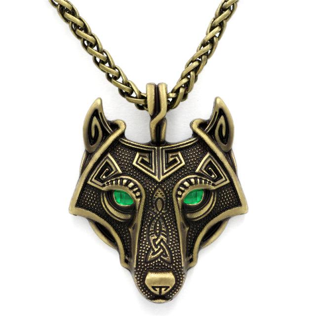 Runic Majesty: Viking Inspired Multicolor Wolf Head Necklace