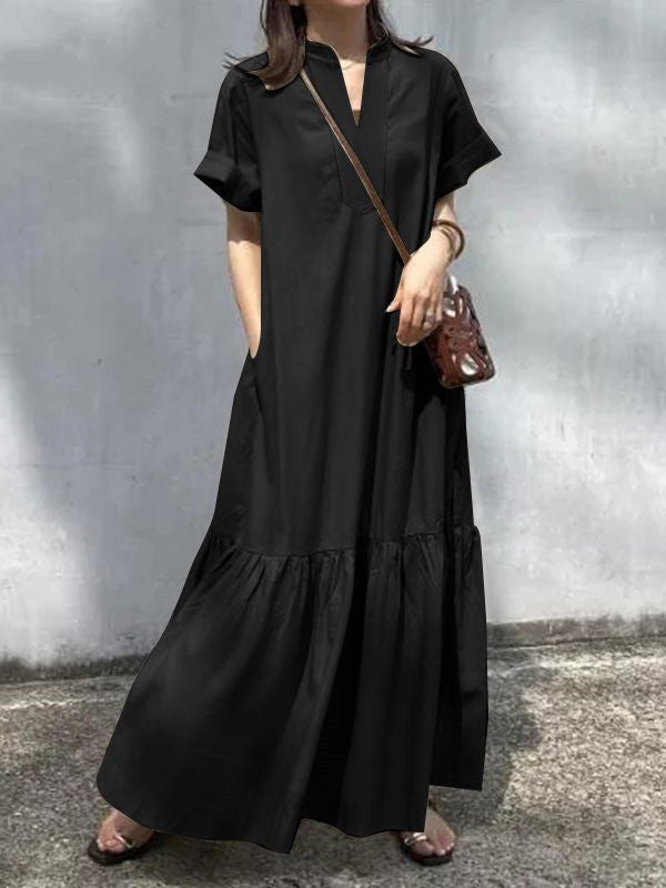 A-Line Loose Solid Color Split-Joint V-Neck Maxi Dresses