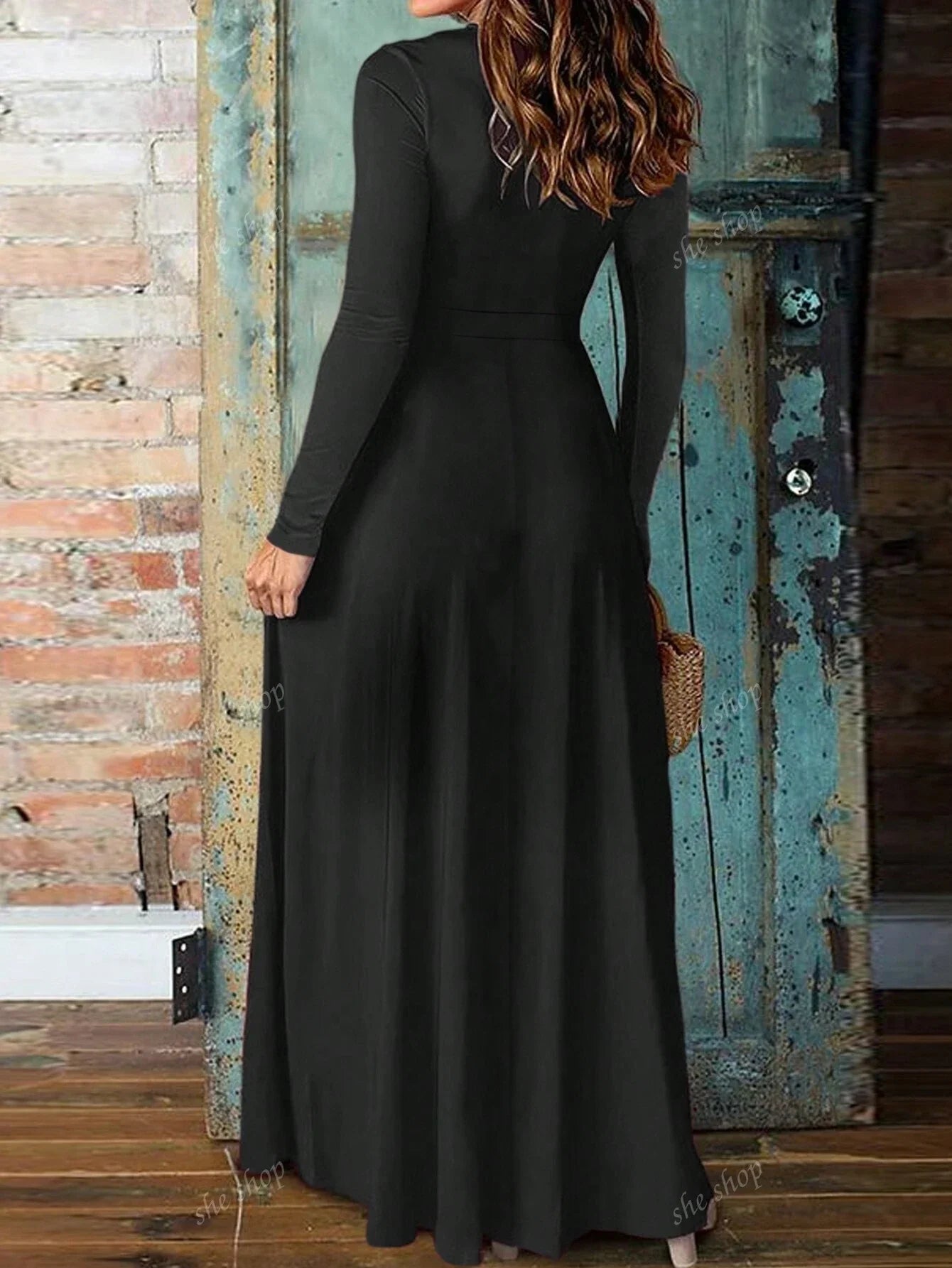 Long Sleeves Plunging Neck Split Thigh Dress