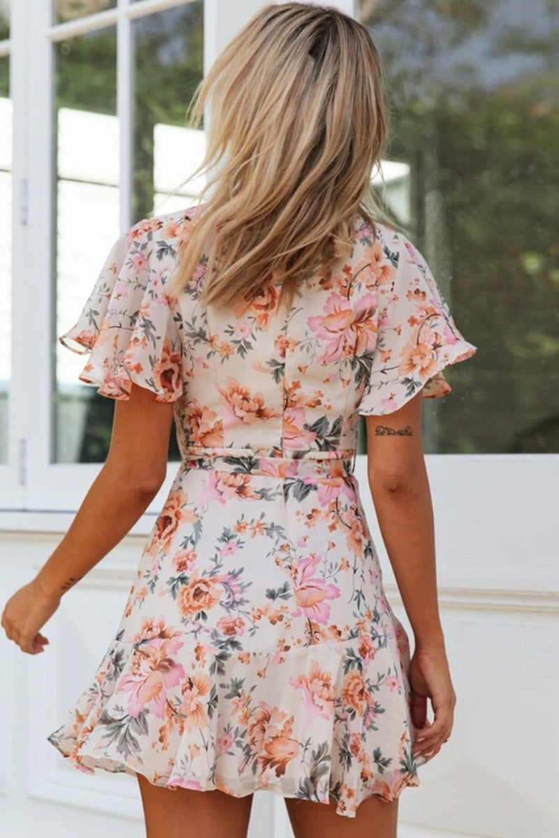 Swingy  Ruffle Sleeve  Floral Printed  Beach  Mini  Wrap  Dress