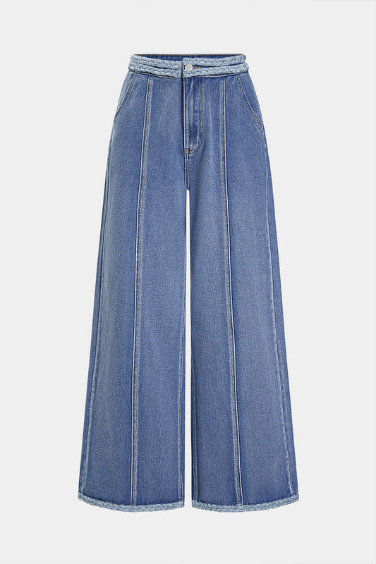 Denim Pocket Braided Wide Leg Jeans