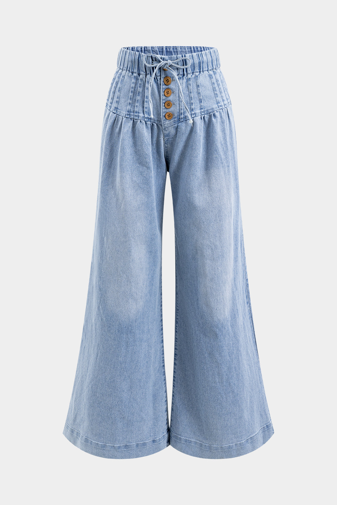 Denim Ruched Button Tie Front Pocket Flared Leg Jeans