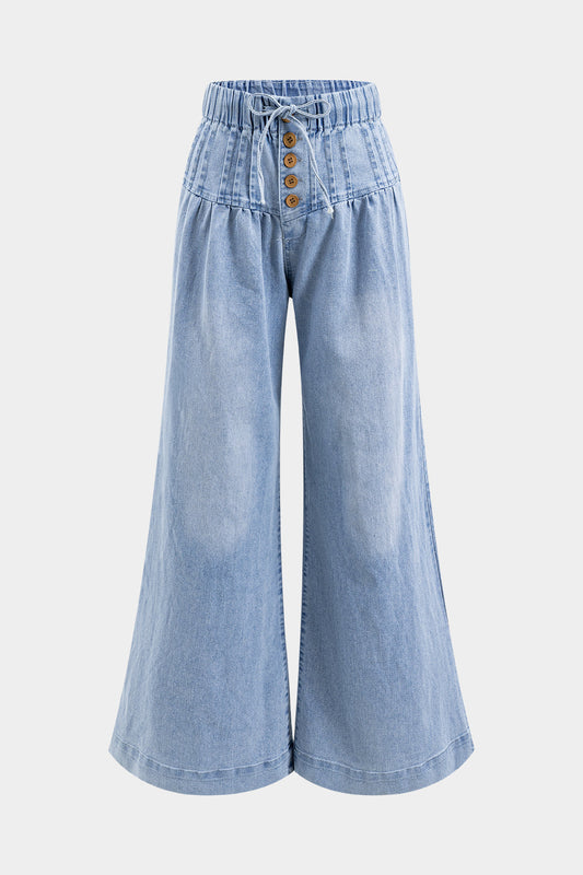 Denim Ruched Button Tie Front Pocket Flared Leg Jeans