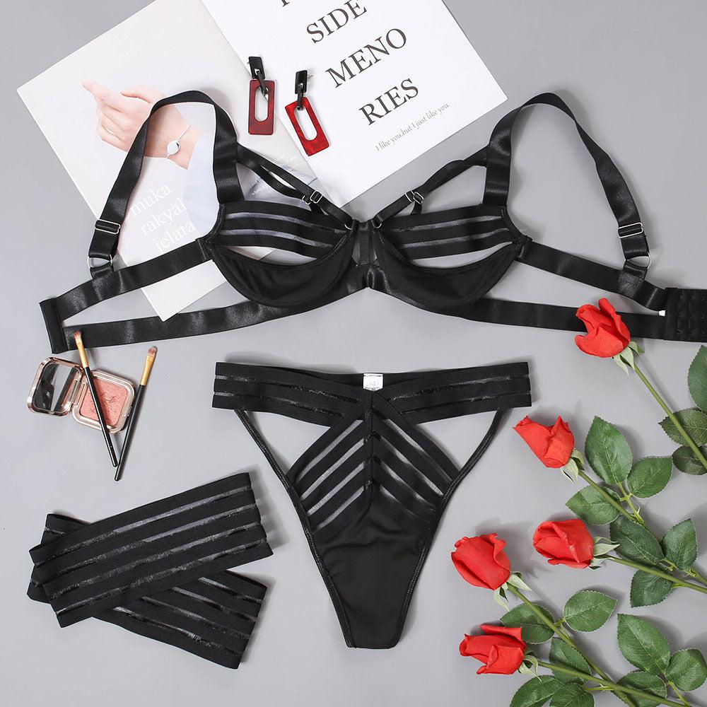 Black Ribbon With Foot Rings Lingerie Set.