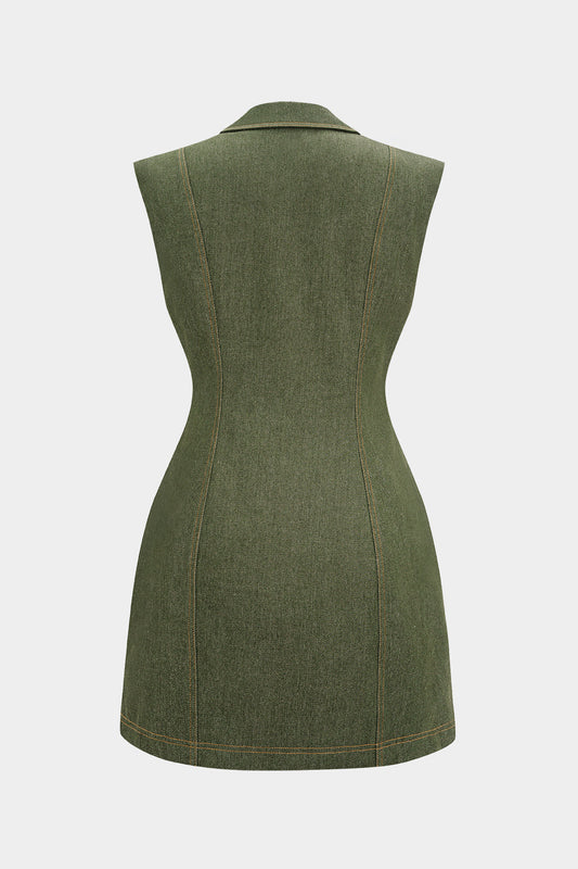 Denim Metallic Button Asymmetrical Sleeveless Mini Dress
