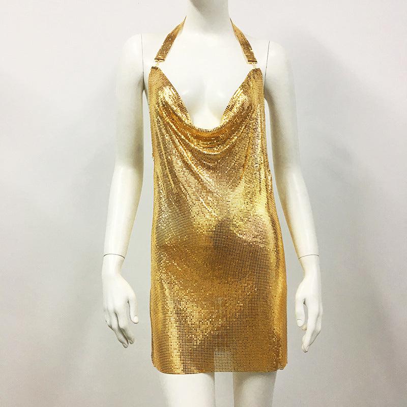 Sequined Metal Halterneck Cami Dress: Nightclub Party Dress