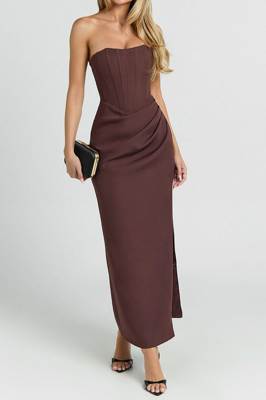 Corset Pleated Side Slit Strapless Backless Maxi Dress