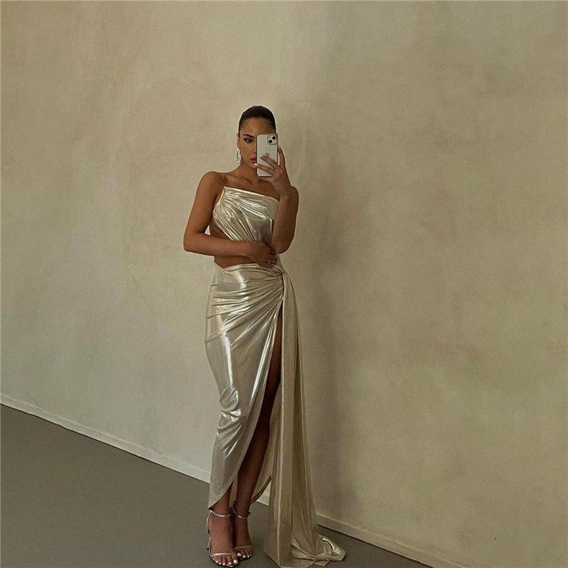 Metallic Coated Backless Slim Dress
