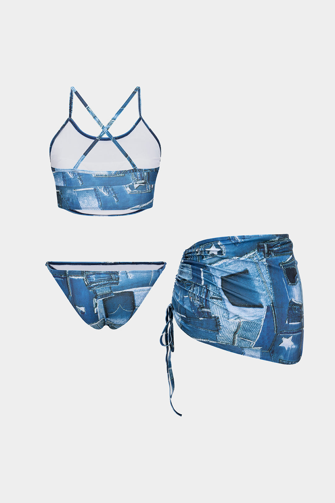 Denim Print Backless Drawstring Bikini Set