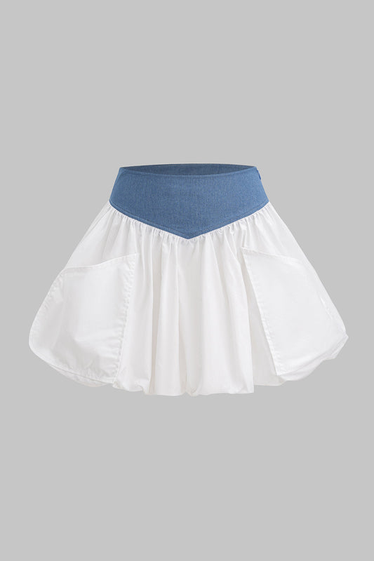 Denim Patchwork Ruched Pocket Skirt