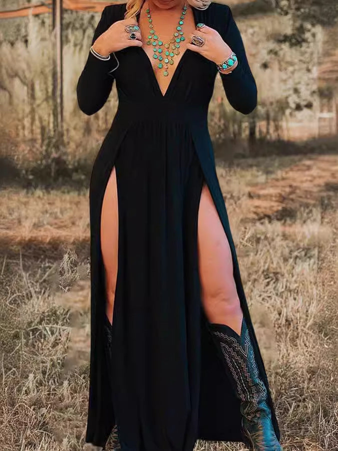 Long Sleeves Plunging Neck Split Thigh Dress