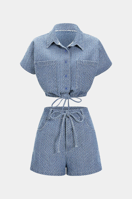 Denim Button Tie-Up Short-Sleeve Shirt And Drawstring Shorts Set