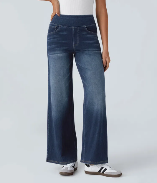 High Waisted Multiple Pockets Baggy Wide Leg Washed Stretchy Knit Casual Jeans