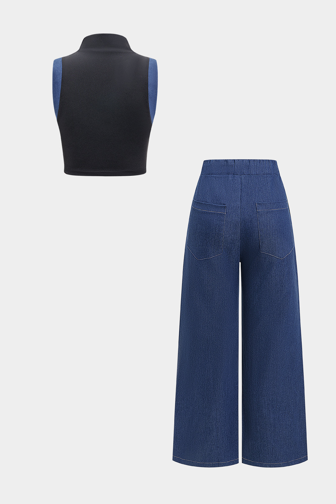 Contrast Denim Patchwork Tank Top And Drawstring Wide Leg Trousers Set